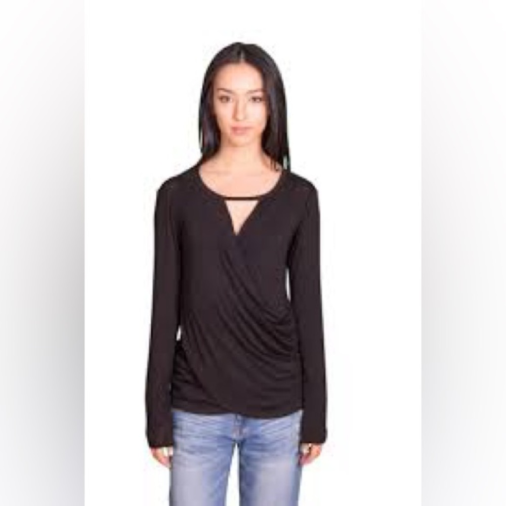Velvet by Graham & Spencer Faux Wrap Style Keyhole Neck Knit Top Black Size XS